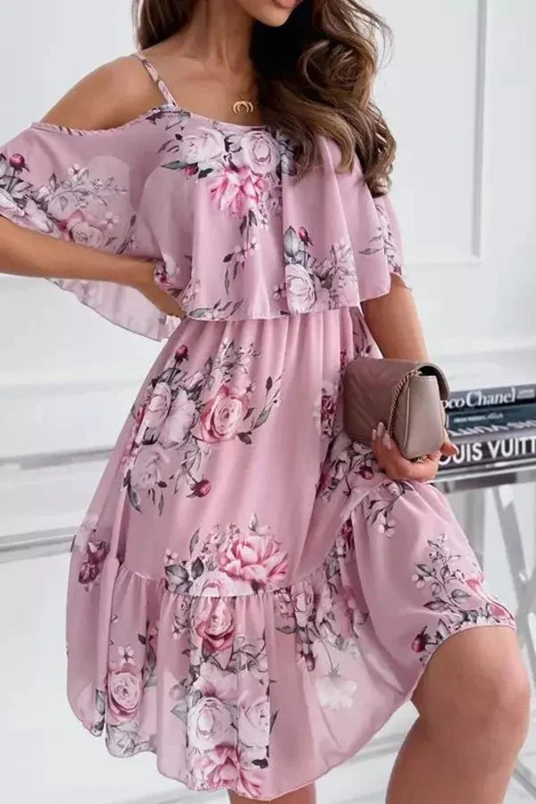 Women's Cold Shoulder Midi Dress – Floral Spaghetti Strap Tiered Ruffle Summer Dress