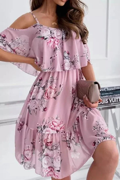 Women's Cold Shoulder Midi Dress – Floral Spaghetti Strap Tiered Ruffle Summer Dress