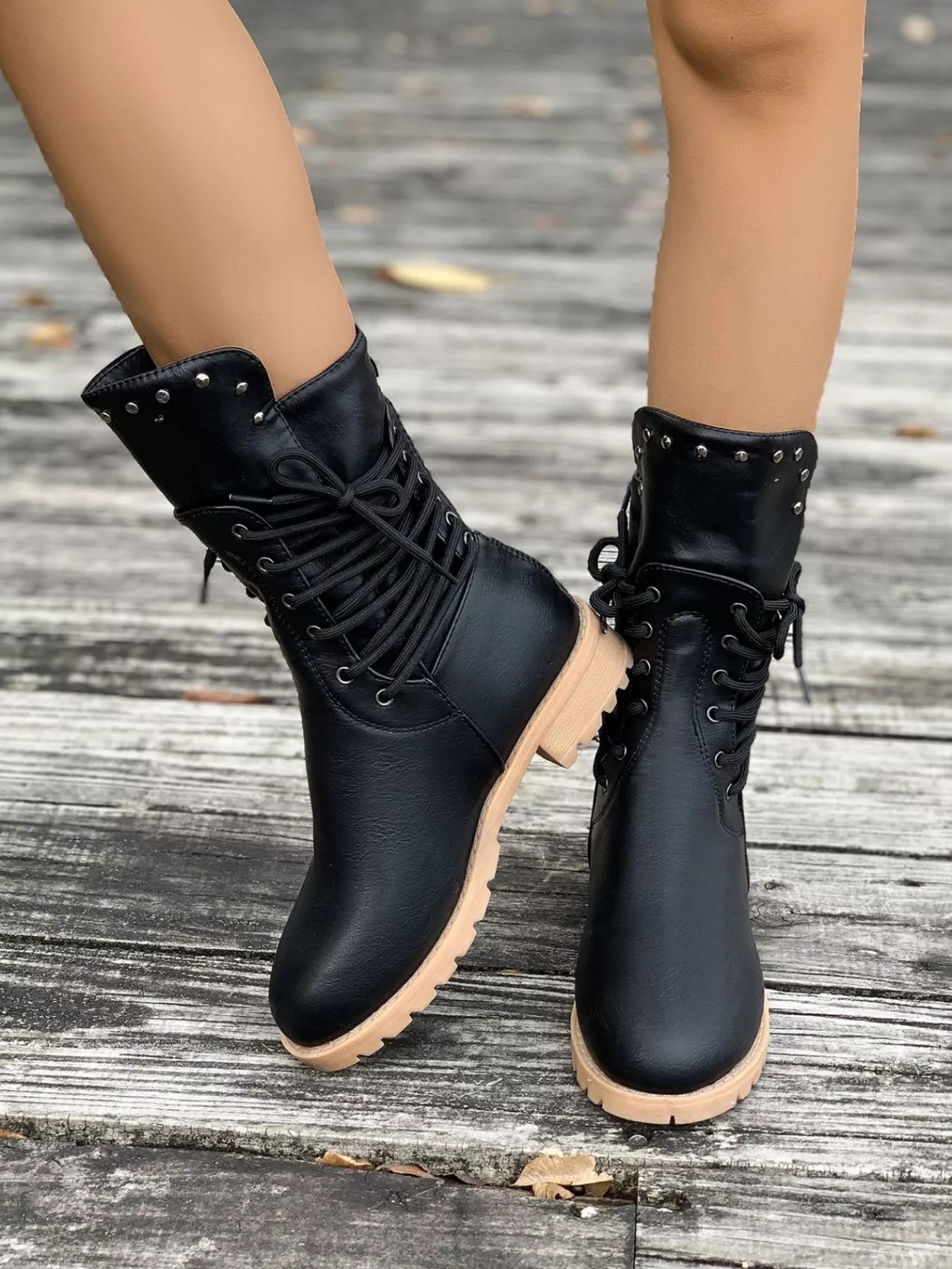 Lace-Up Mid-Calf Combat Boots – Studded Lug Sole Block Heel