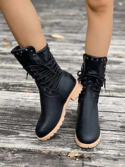 Lace-Up Mid-Calf Combat Boots – Studded Lug Sole Block Heel