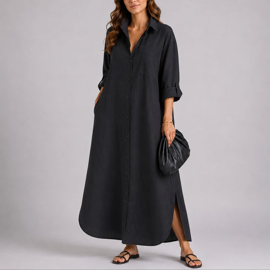 Linen Blend Maxi Shirt Dress – Button-Front Relaxed Fit with Pockets