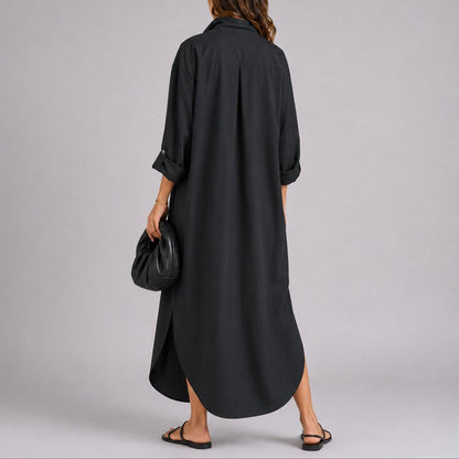 Linen Blend Maxi Shirt Dress – Button-Front Relaxed Fit with Pockets