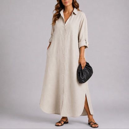 Linen Blend Maxi Shirt Dress – Button-Front Relaxed Fit with Pockets