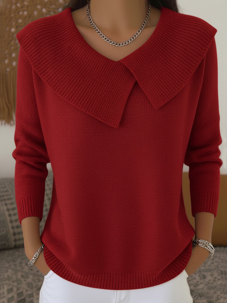 Fold-Over Collar Knit Sweater – Relaxed Fit Long Sleeve Pullover