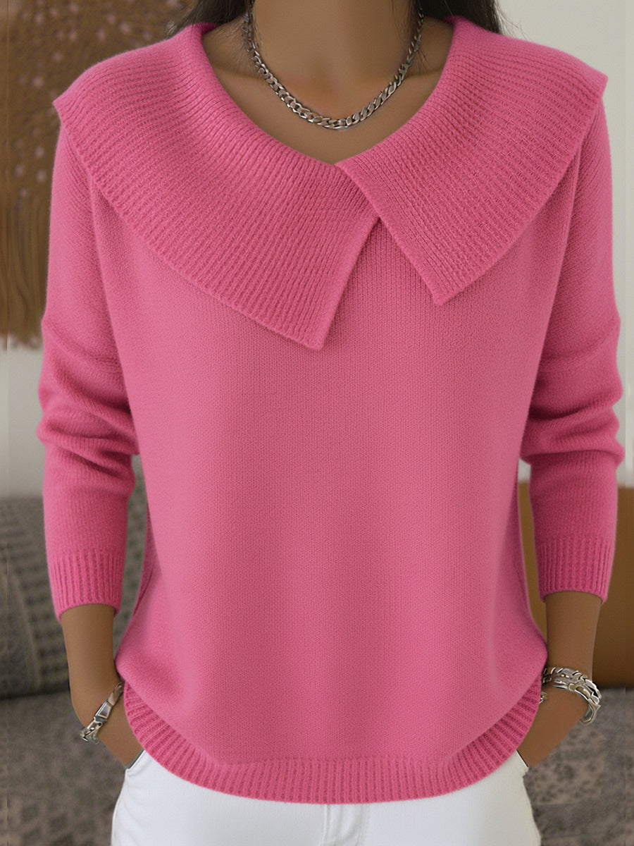 Fold-Over Collar Knit Sweater – Relaxed Fit Long Sleeve Pullover