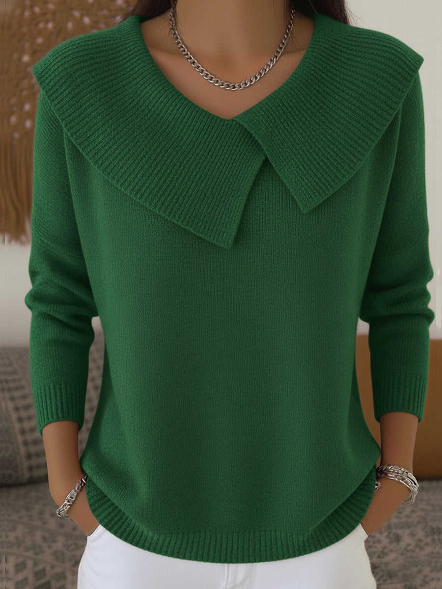 Fold-Over Collar Knit Sweater – Relaxed Fit Long Sleeve Pullover