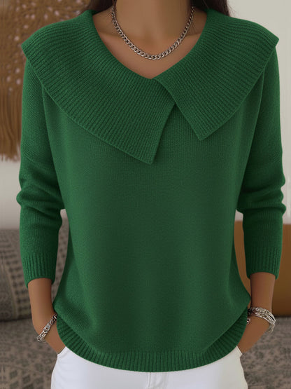 Fold-Over Collar Knit Sweater – Relaxed Fit Long Sleeve Pullover