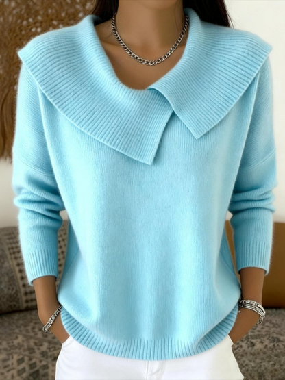 Fold-Over Collar Knit Sweater – Relaxed Fit Long Sleeve Pullover