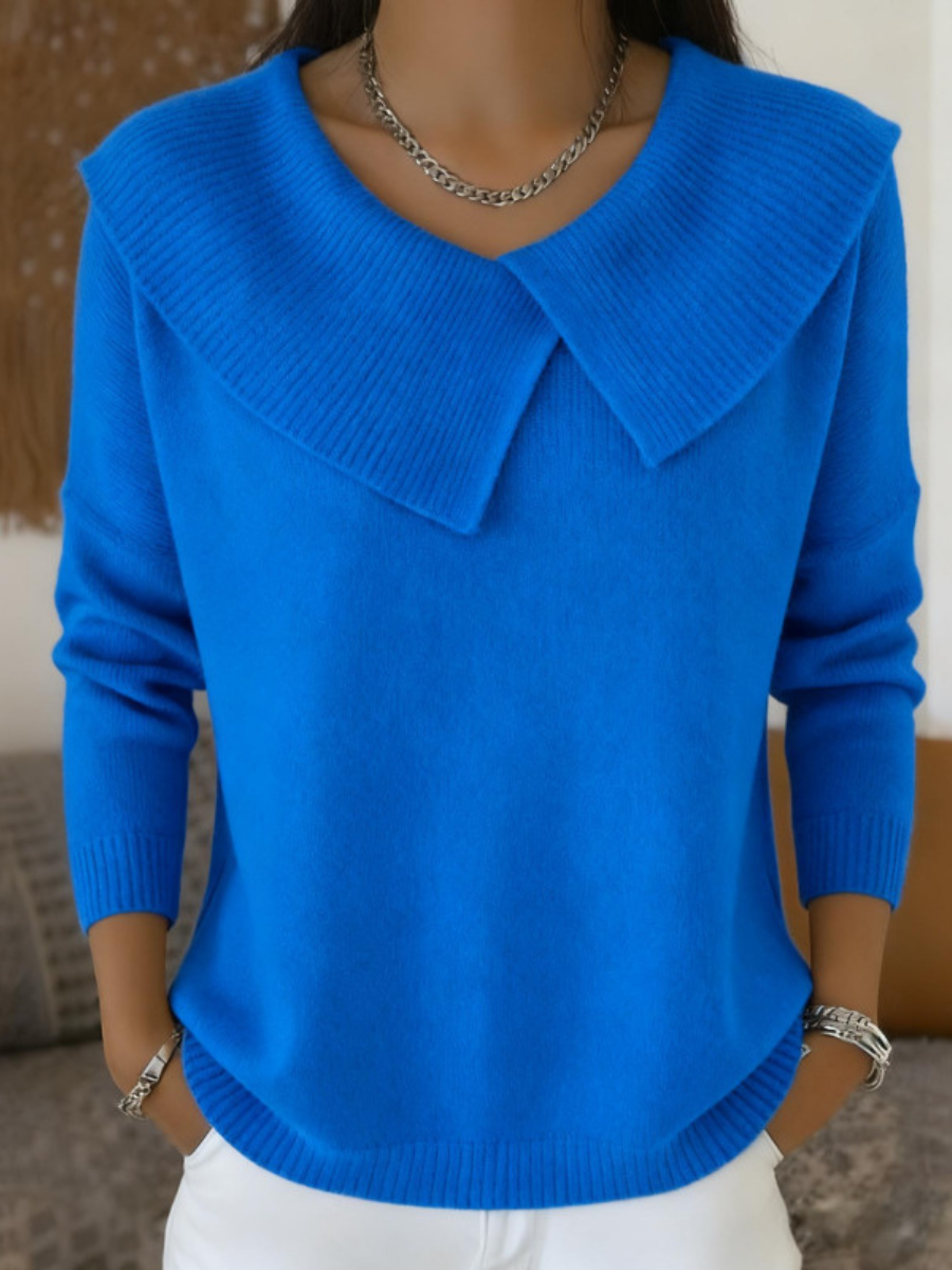 Fold-Over Collar Knit Sweater – Relaxed Fit Long Sleeve Pullover