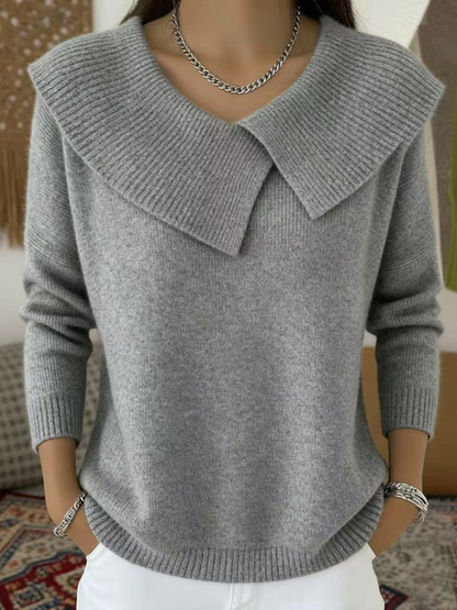 Fold-Over Collar Knit Sweater – Relaxed Fit Long Sleeve Pullover