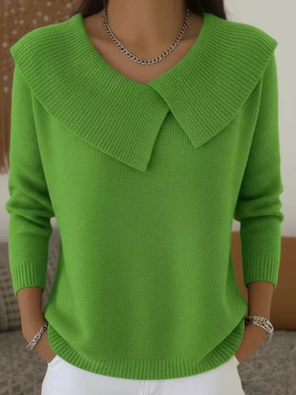 Fold-Over Collar Knit Sweater – Relaxed Fit Long Sleeve Pullover