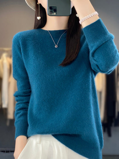 Fuzzy Knit Crew Neck Pullover Sweater – Relaxed Fit Long Sleeve