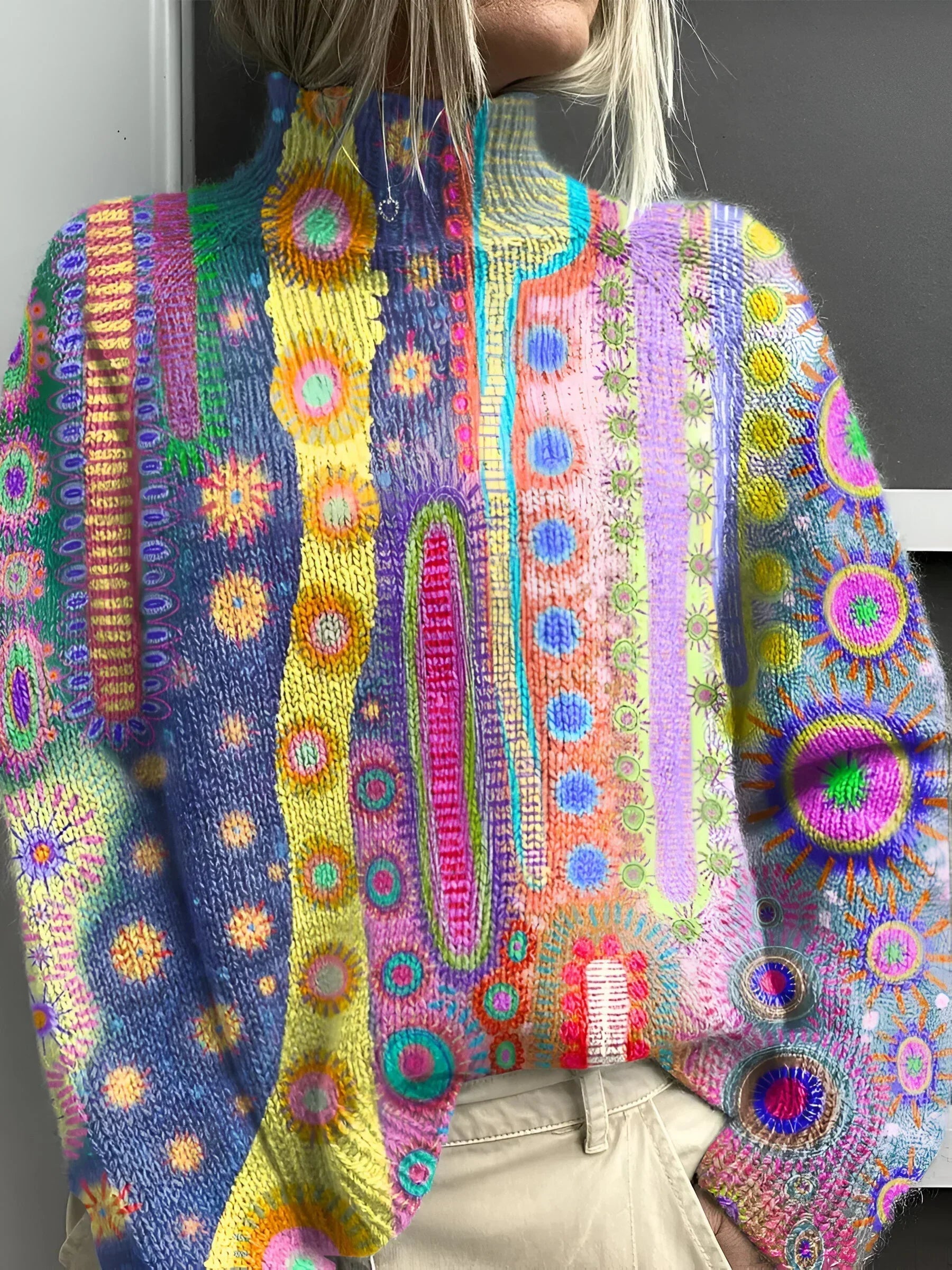 Abstract Print Knit Sweater – Multicolor Mock Neck Pullover