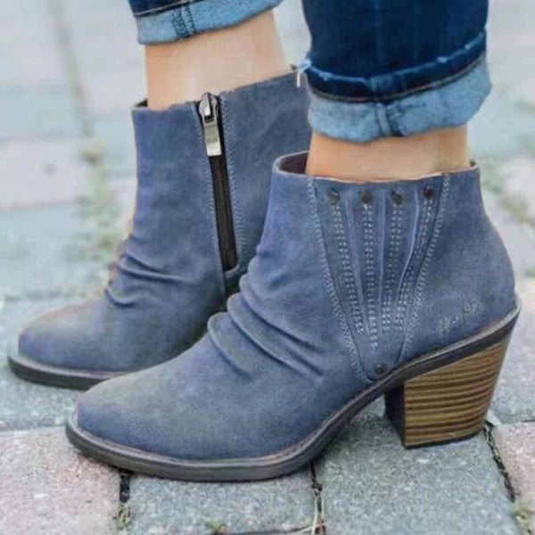Ruched Faux Suede Ankle Boots – Block Heel Side Zip Booties