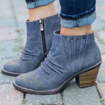 Ruched Faux Suede Ankle Boots – Block Heel Side Zip Booties