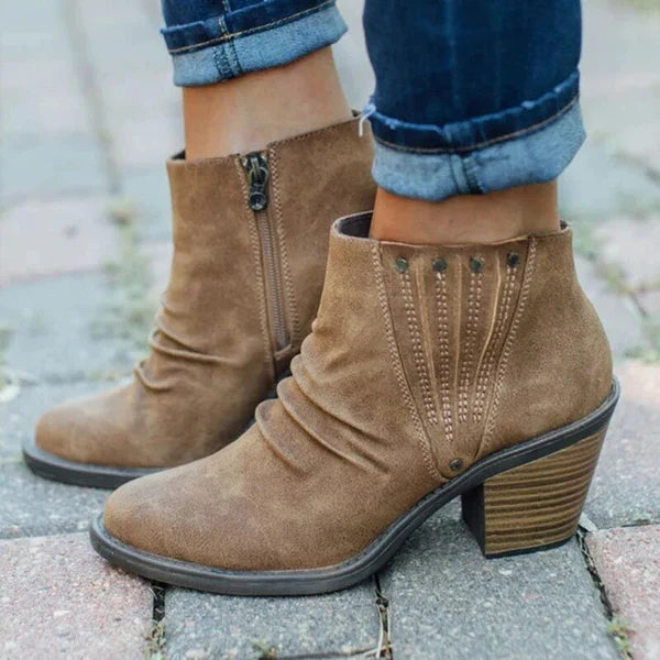 Ruched Faux Suede Ankle Boots – Block Heel Side Zip Booties