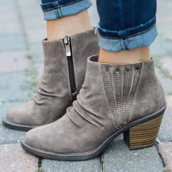Ruched Faux Suede Ankle Boots – Block Heel Side Zip Booties