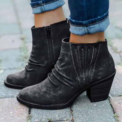Ruched Faux Suede Ankle Boots – Block Heel Side Zip Booties