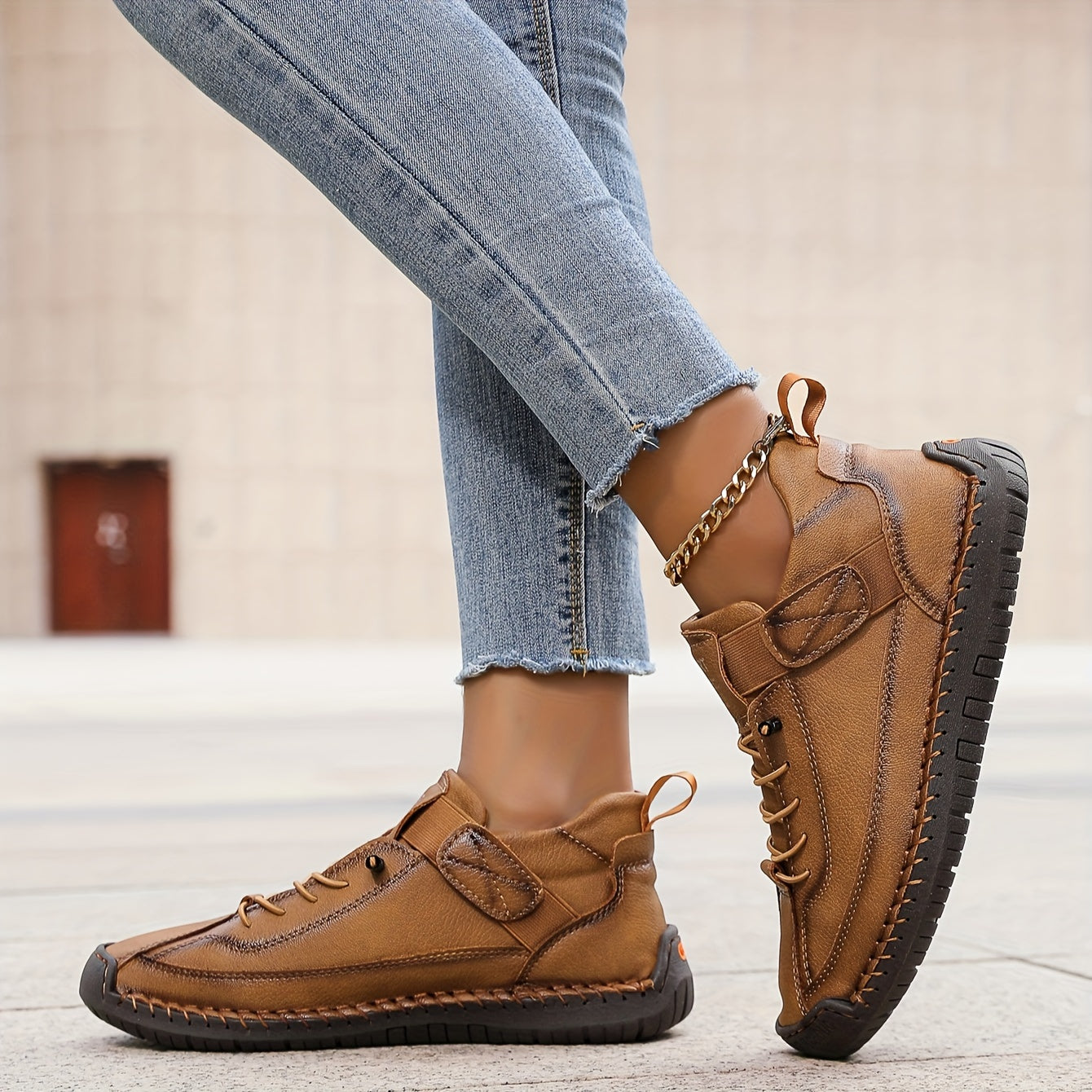 Hand-Stitched Suede Lace-Up Sneakers – Low-Top Casual Walking Shoes