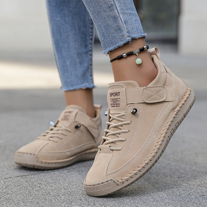 Hand-Stitched Suede Lace-Up Sneakers – Low-Top Casual Walking Shoes