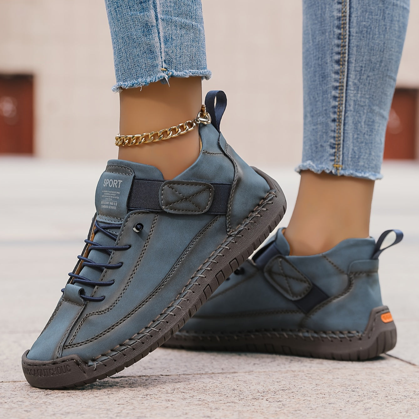 Hand-Stitched Suede Lace-Up Sneakers – Low-Top Casual Walking Shoes