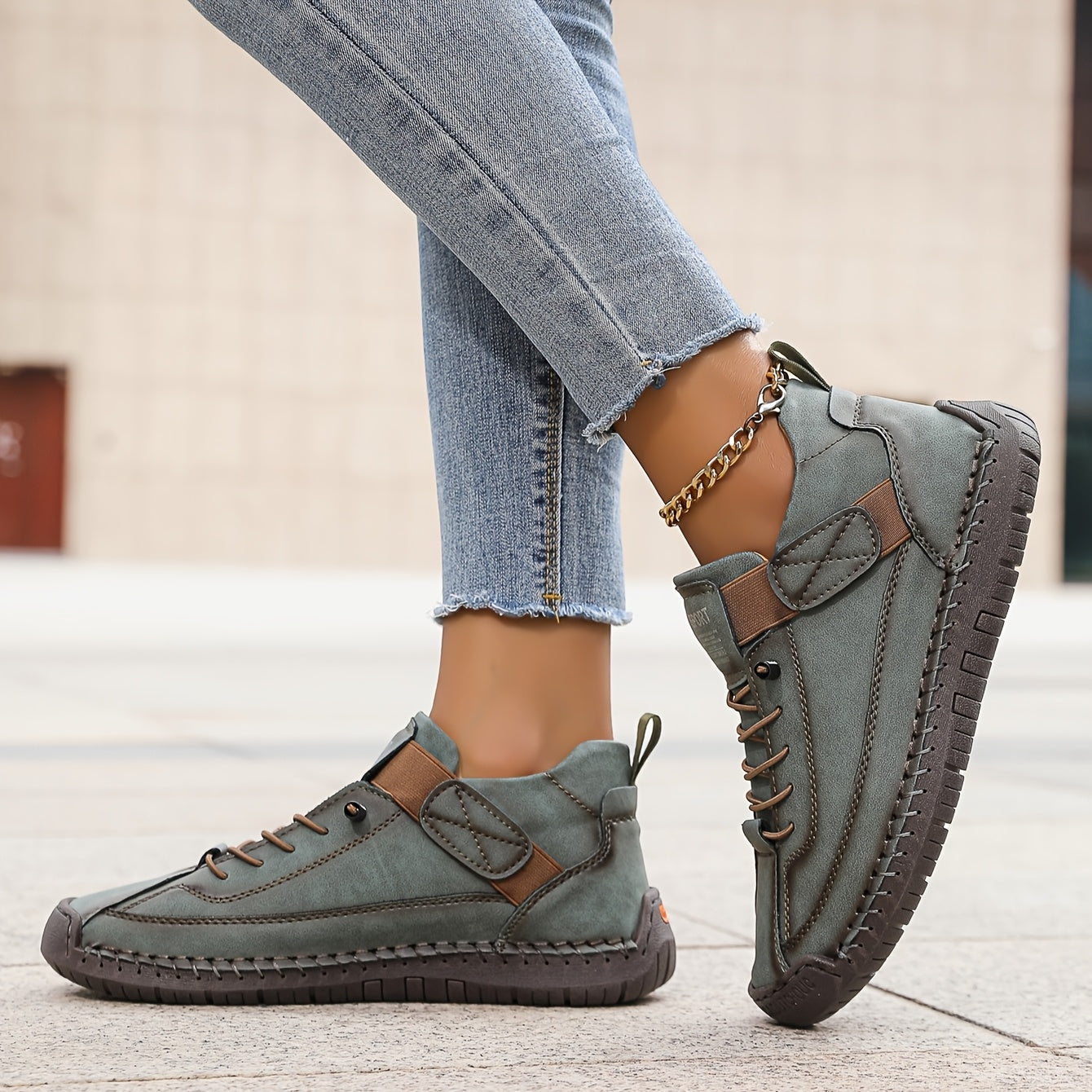 Hand-Stitched Suede Lace-Up Sneakers – Low-Top Casual Walking Shoes