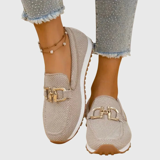 Women's Platform Loafers – Mesh Slip-On with Gold Buckle
