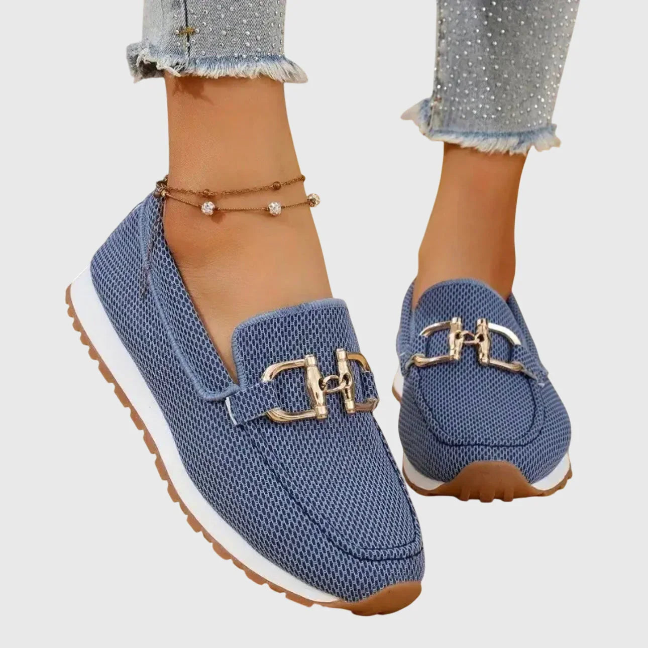 Women's Platform Loafers – Mesh Slip-On with Gold Buckle