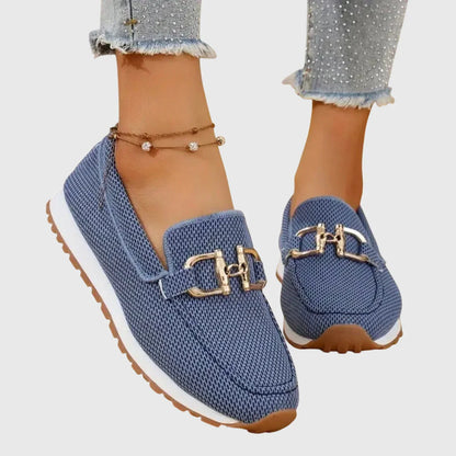 Women's Platform Loafers – Mesh Slip-On with Gold Buckle