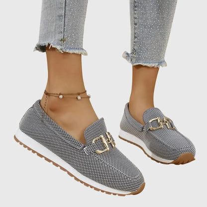Women's Platform Loafers – Mesh Slip-On with Gold Buckle