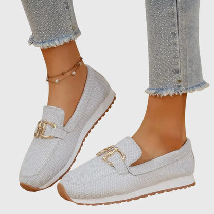 Women's Platform Loafers – Mesh Slip-On with Gold Buckle