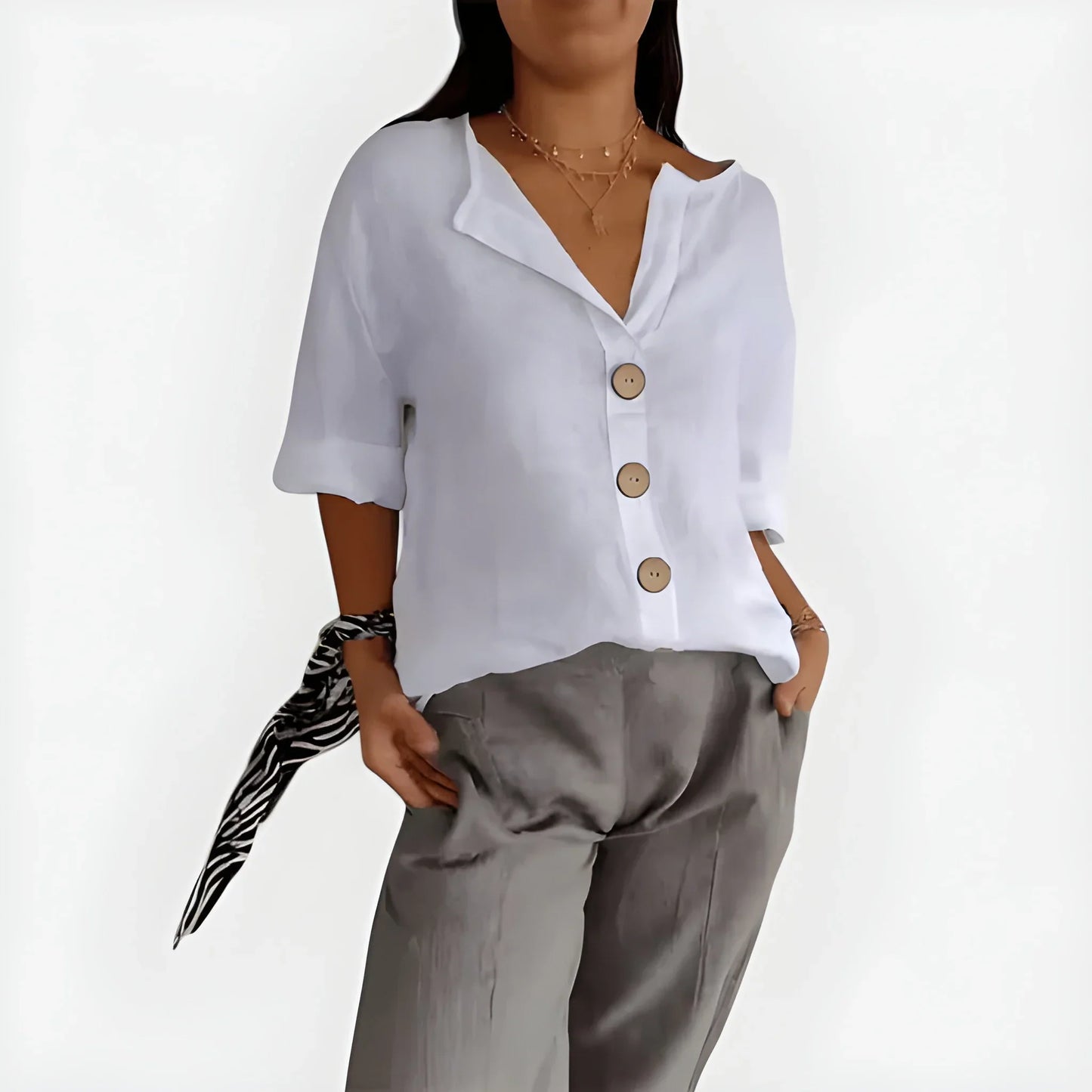 Women's V-Neck Button-Down Blouse – Loose Fit 3/4 Sleeve Summer Top
