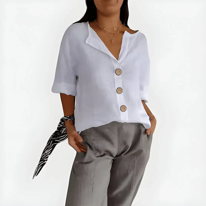 Women's V-Neck Button-Down Blouse – Loose Fit 3/4 Sleeve Summer Top