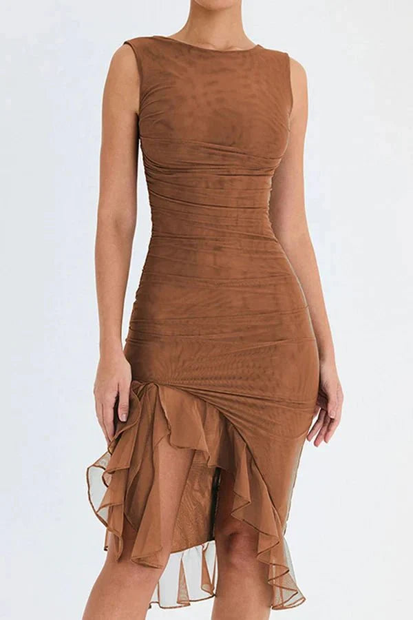 Women's Ruched Mesh Midi Dress – Sleeveless Bodycon with Ruffle Hem