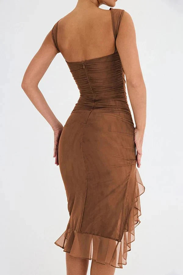 Women's Ruched Mesh Midi Dress – Sleeveless Bodycon with Ruffle Hem