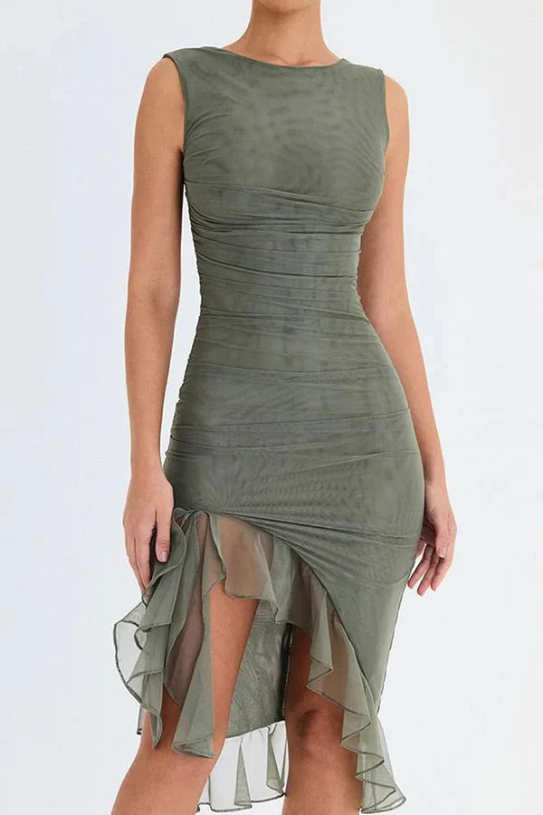 Women's Ruched Mesh Midi Dress – Sleeveless Bodycon with Ruffle Hem