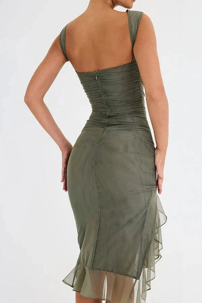 Women's Ruched Mesh Midi Dress – Sleeveless Bodycon with Ruffle Hem