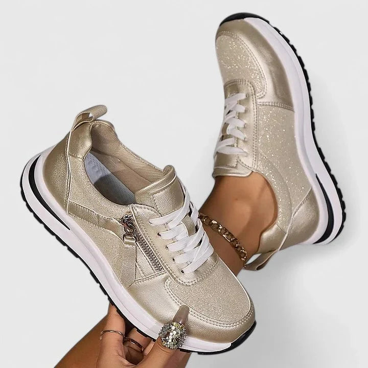 Women's Side Zip Lace-Up Sneakers – Low Top Casual Trainers