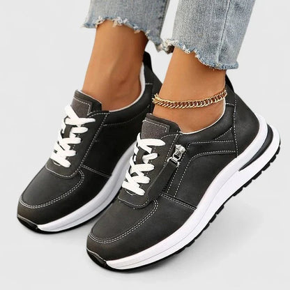Women's Side Zip Lace-Up Sneakers – Low Top Casual Trainers