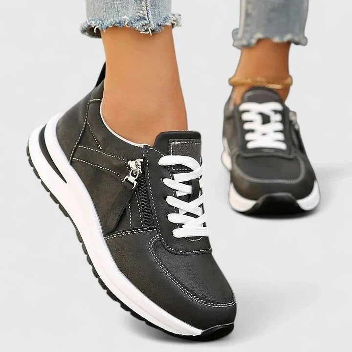 Women's Side Zip Lace-Up Sneakers – Low Top Casual Trainers