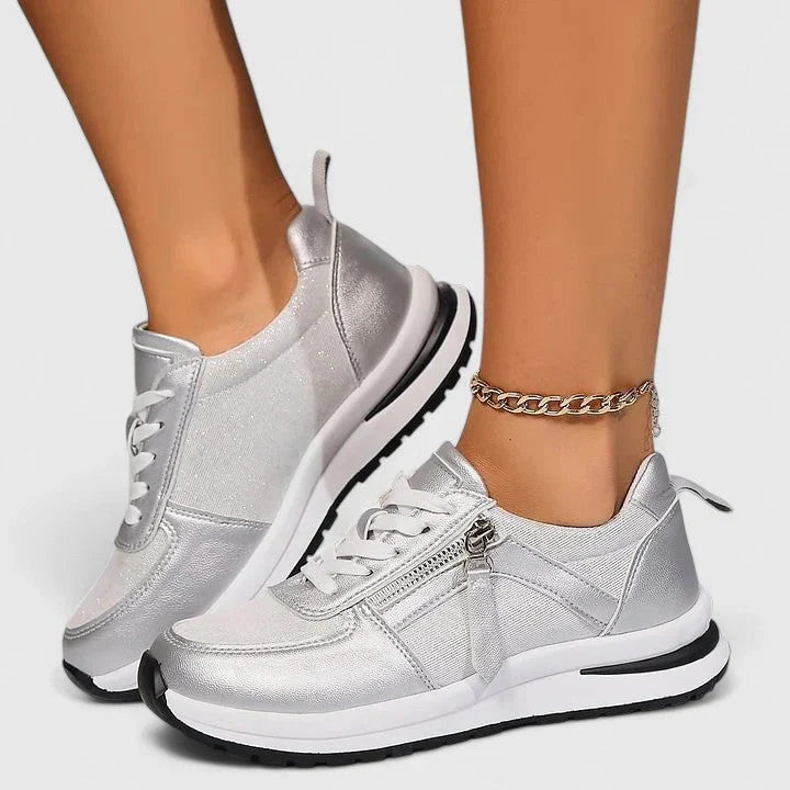 Women's Side Zip Lace-Up Sneakers – Low Top Casual Trainers
