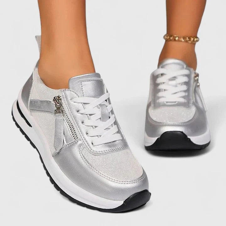 Women's Side Zip Lace-Up Sneakers – Low Top Casual Trainers