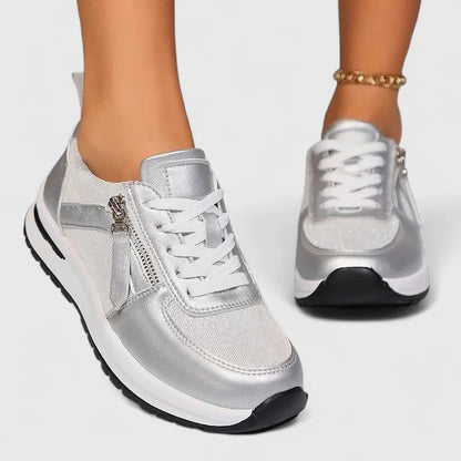 Women's Side Zip Lace-Up Sneakers – Low Top Casual Trainers