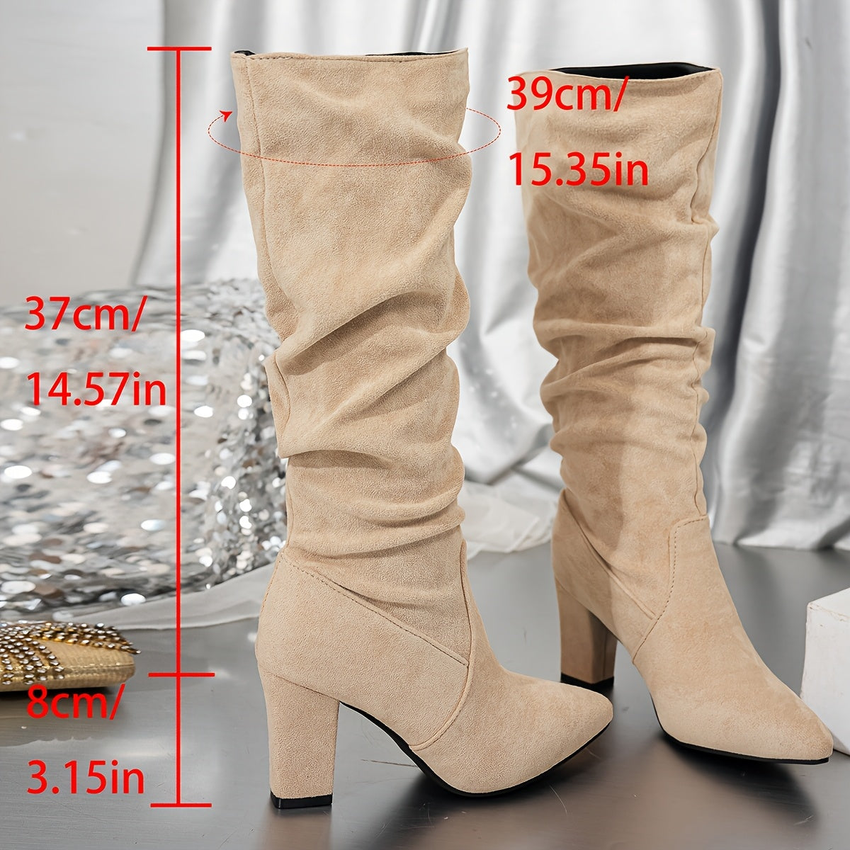 Slouchy Knee-High Block Heel Boots – Faux Suede Pointed Toe