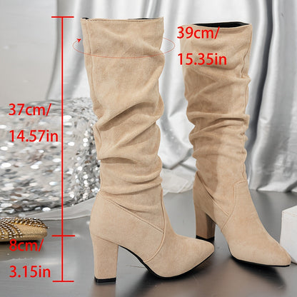 Slouchy Knee-High Block Heel Boots – Faux Suede Pointed Toe