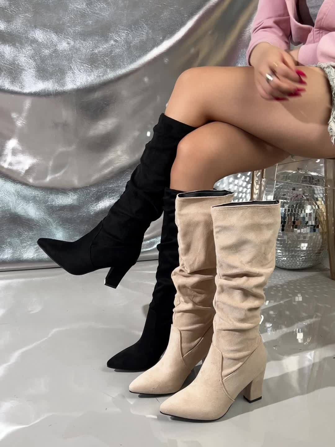 Slouchy Knee-High Block Heel Boots – Faux Suede Pointed Toe