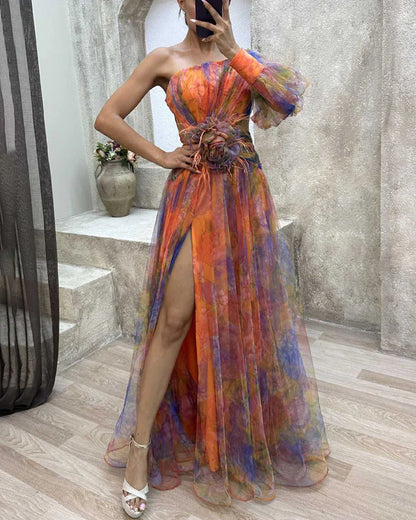 Women's One Shoulder Floral Maxi Dress – Ruched Waist Long Dress