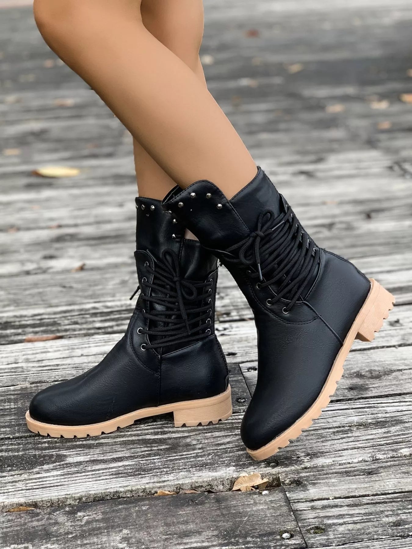 Lace-Up Mid-Calf Combat Boots – Studded Lug Sole Block Heel