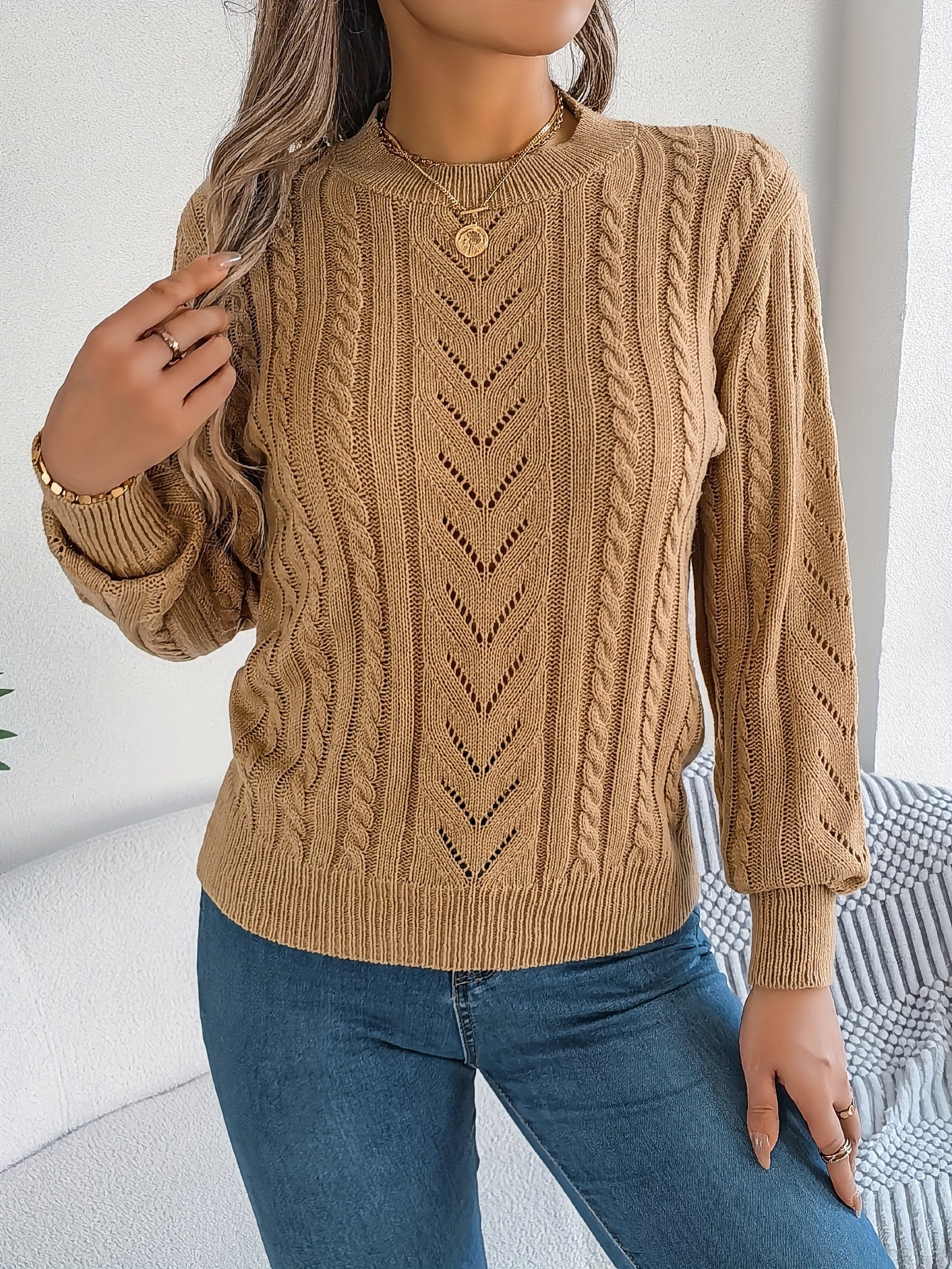 Cable Knit Openwork Pullover Sweater – Crewneck Long Sleeve Relaxed Fit
