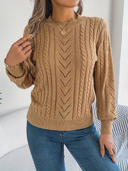 Cable Knit Openwork Pullover Sweater – Crewneck Long Sleeve Relaxed Fit